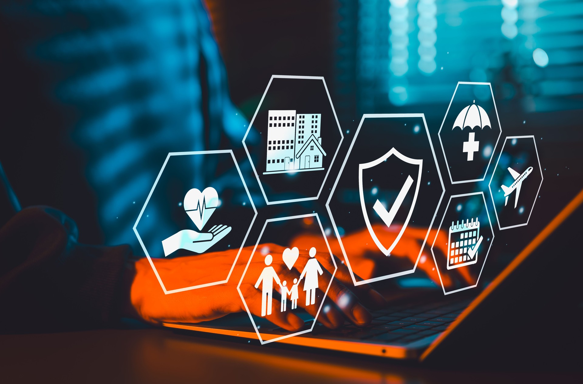 Insurance Coverage and Protection Concept. Insurance related icons including health, property, family, home, car, life insurance, healthcare, medical, and travel, symbolize comprehensive coverage.
