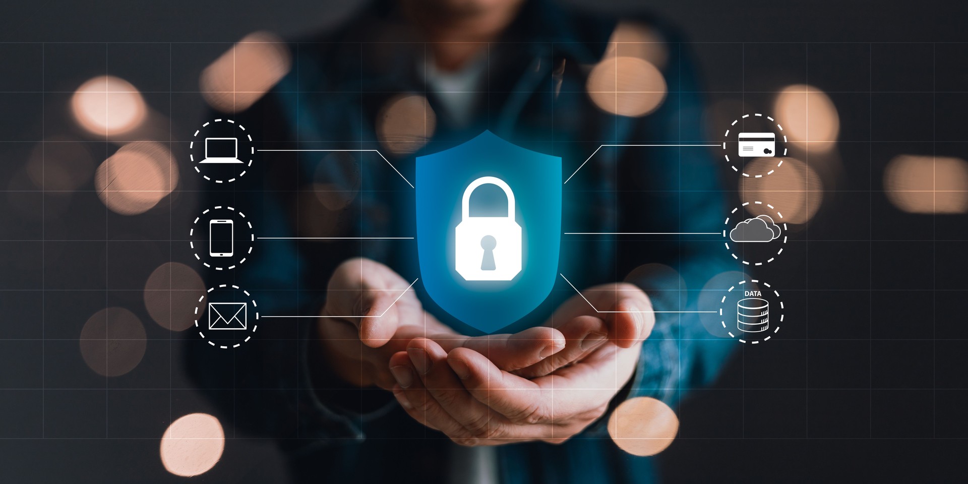 Cybersecurity and privacy protection network security computer and safe data concept. Businessmen protect personal data information from viruses on a laptop with virtual screen interfaces.